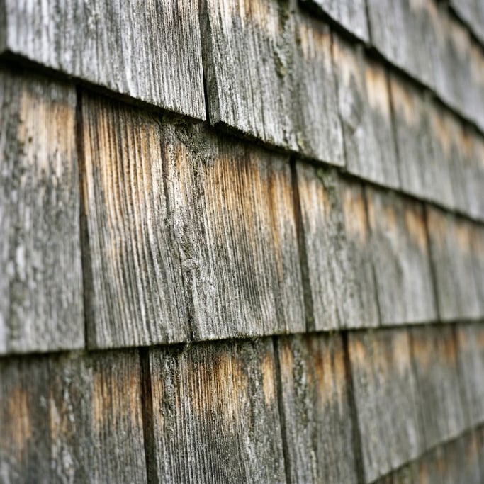 Cedar wood shingle wall weathered to silver-gray, grain raised by decades of rain (qvsvbbdf)