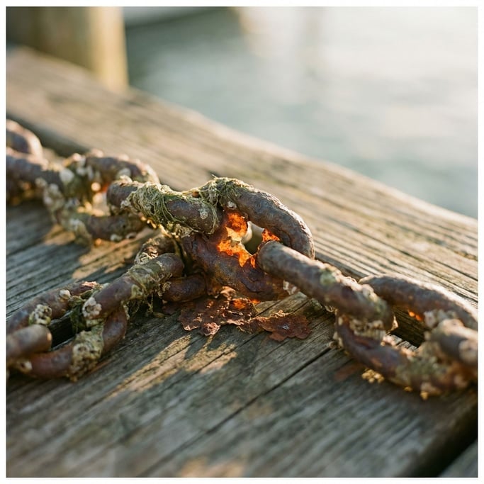 Extreme close-up of Rusted chain links on a dock, salt corrosion and marine growth, coastal decay