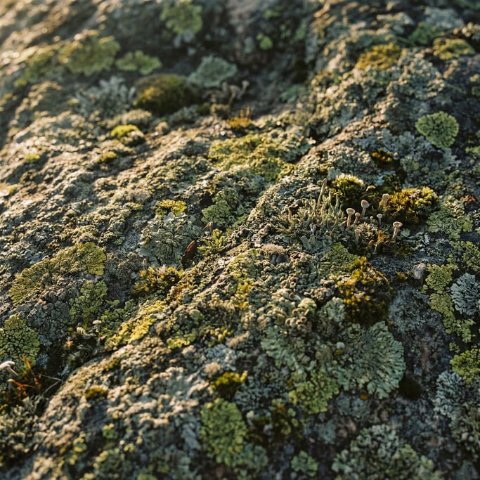 Detail photograph of Lichen-covered granite, micro landscape of greens, yellows, and greys on rock