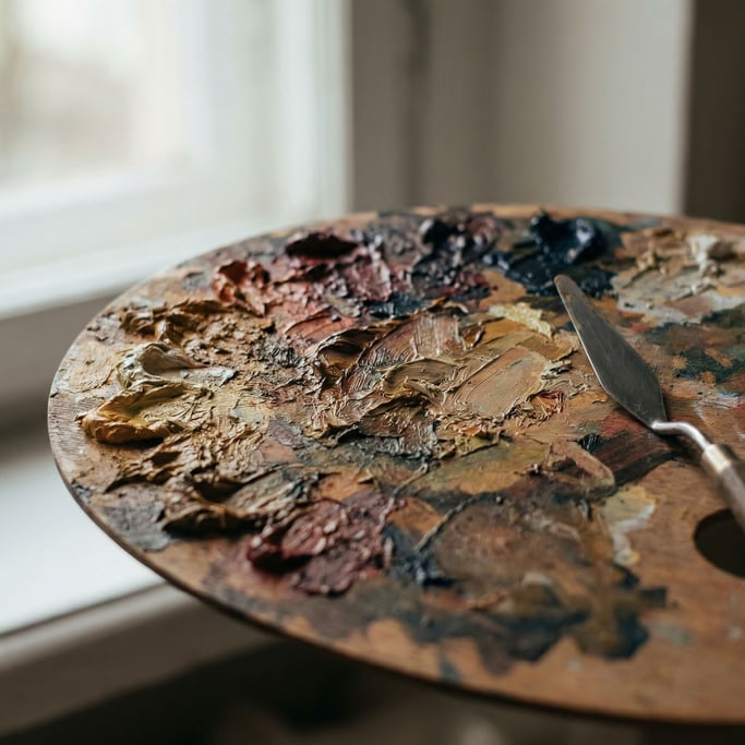 Detail photograph of Dried paint on a palette, thick impasto ridges and valleys of mixed pigment