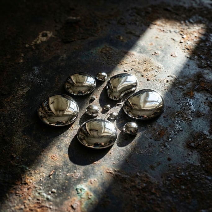 Extreme close-up of A pool of spilled mercury on a dark surface