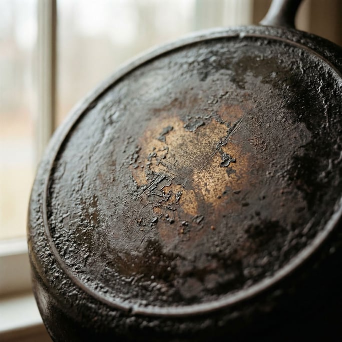 Detail photograph of Cast iron skillet surface, decades of seasoning creating a glossy black patina