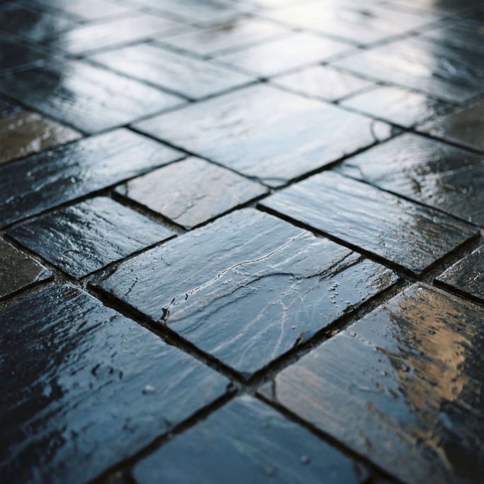 Detail photograph of Wet dark slate tiles, reflective surface with cool blue undertones