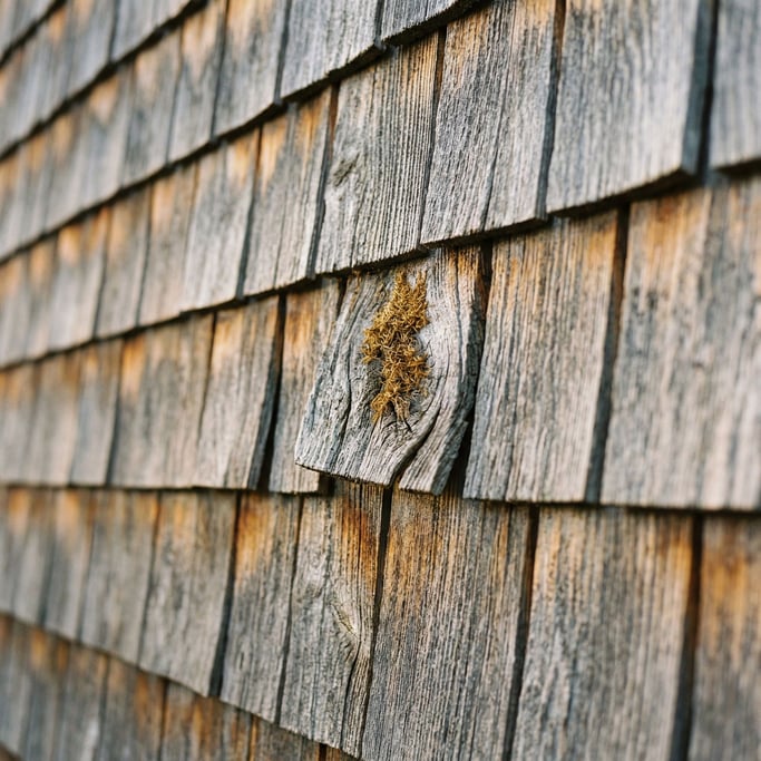 Cedar wood shingle wall weathered to silver-gray, grain raised by decades of rain