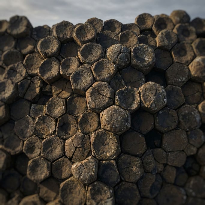 Volcanic basalt columns seen from above, hexagonal geometry formed by cooling lava