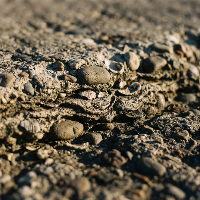 Detail photograph of Raw concrete with exposed aggregate, stones and pebbles set in gray cement
