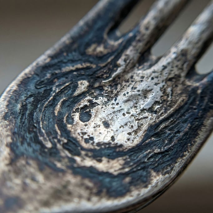 Tarnished silver flatware surface, clouds of dark oxidation over bright metal beneath