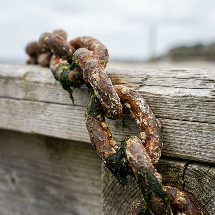 Extreme close-up of Rusted chain links on a dock, salt corrosion and marine growth, coastal decay (arrncw0p)