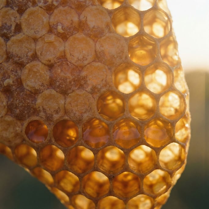 Extreme close-up of Beeswax honeycomb, hexagonal cells catching warm backlight (ft1pxgyt)