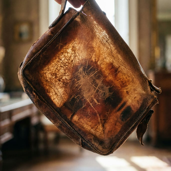 Detail photograph of Worn leather surface showing natural grain, scratches