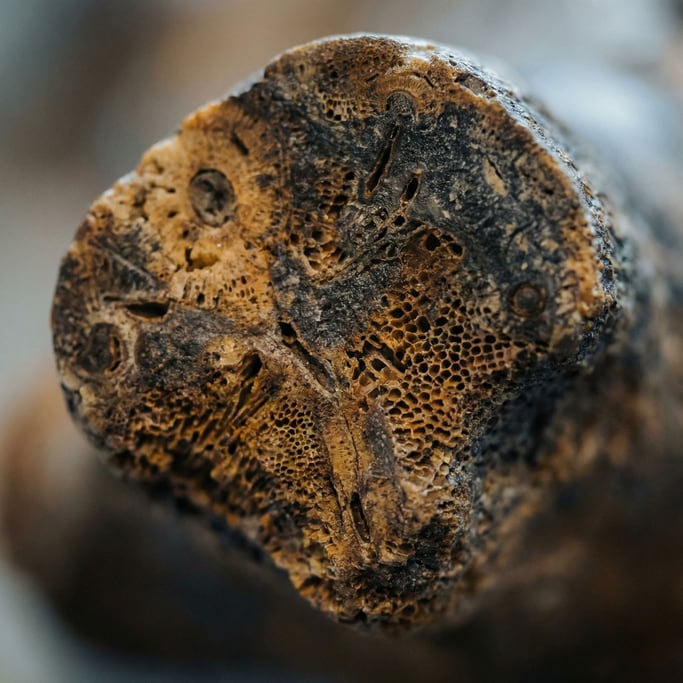 Detail photograph of Dinosaur bone fossil in macro, mineralized cell structure visible (d3c2iflm)