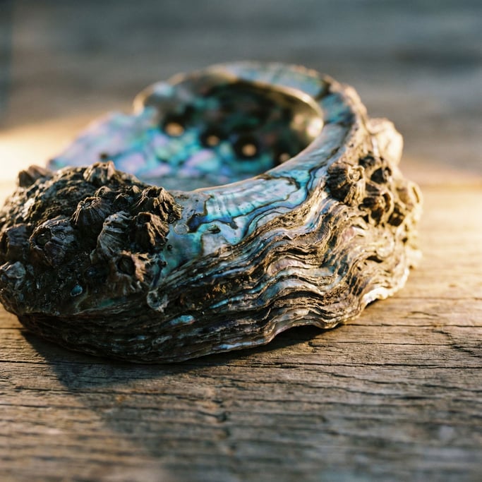 Abalone shell exterior, rough and barnacle-encrusted, contrasting the iridescent interior