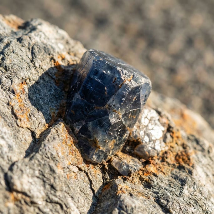 Detail photograph of Raw uncut sapphire crystal embedded in host rock