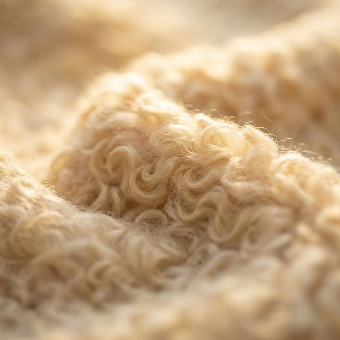 Champagne-blonde yak fur seen in extreme close-up in dense undulating curls