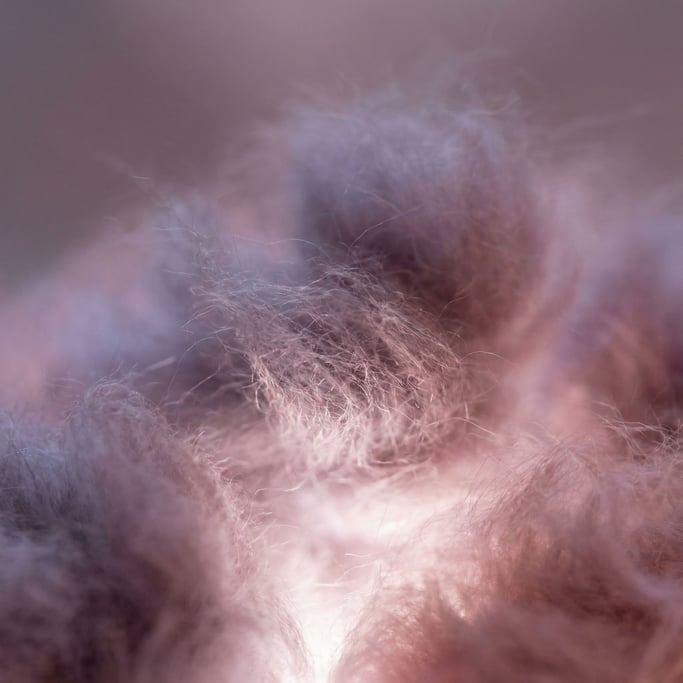 Dusty mauve angora rabbit fur in ethereal cloud-like tufts stretching edge to edge