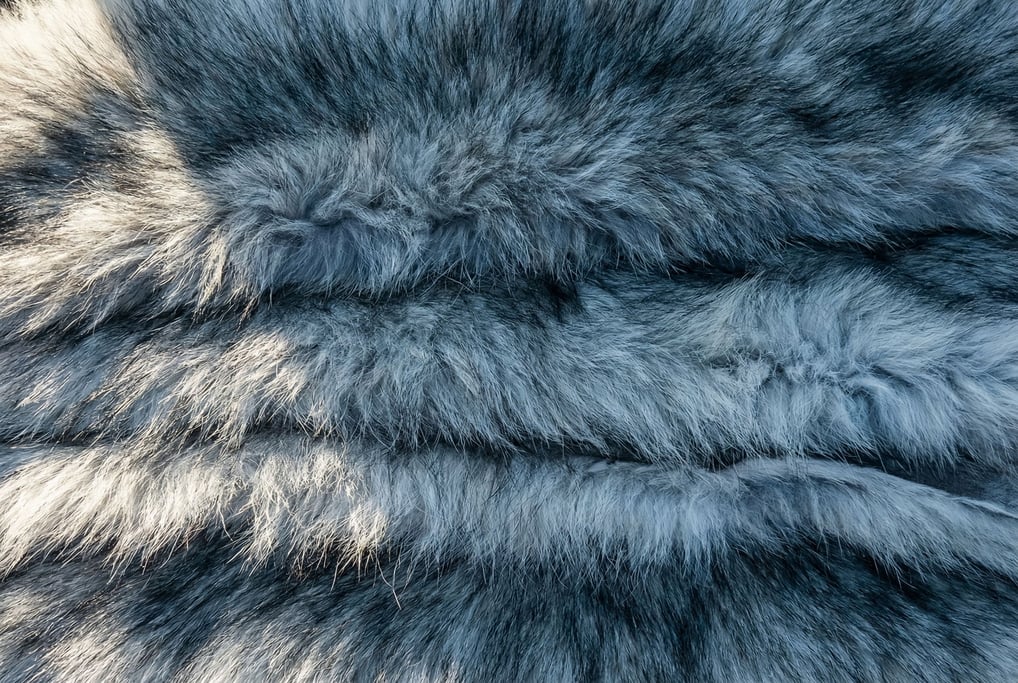 Steel-blue wolf fur in coarse layered strata running horizontally across the frame