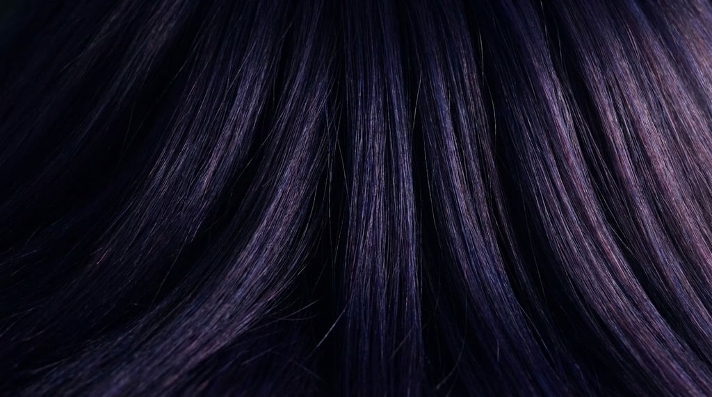 Midnight-purple synthetic fur in long straight strands falling vertically through the frame like a w