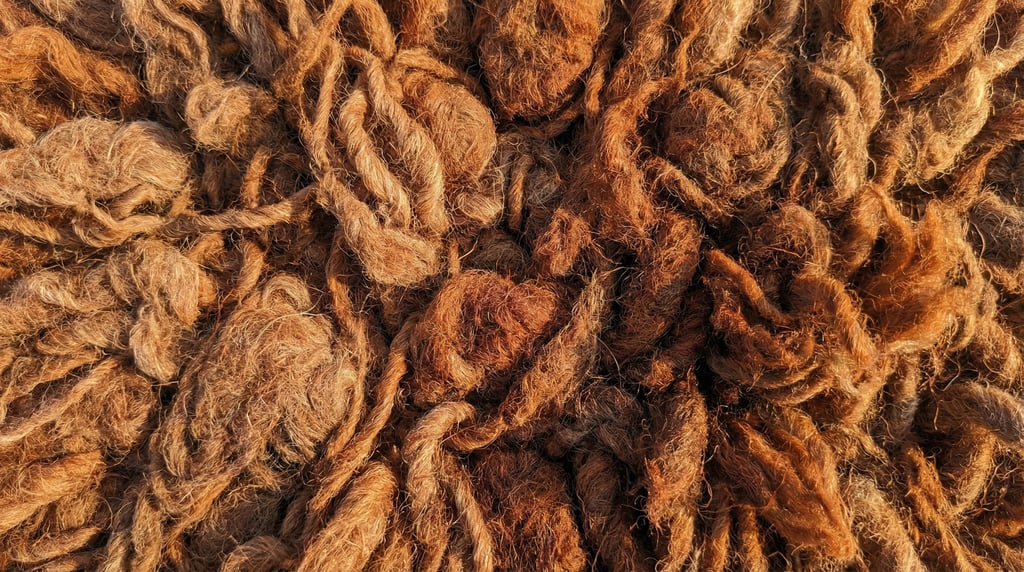Cinnamon-spiced yak wool in raw matted locks filling the frame with chaotic organic texture