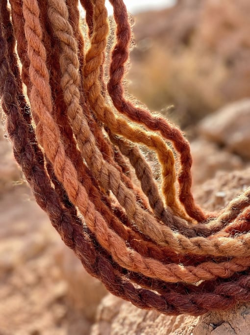 Terracotta-toned llama fiber in soft dreadlock-like clusters draped through the image in S-curves