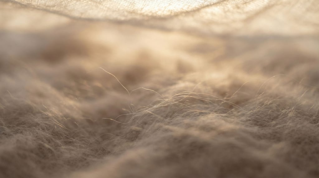 Warm taupe cashmere fiber in impossibly fine wispy clouds filling the frame