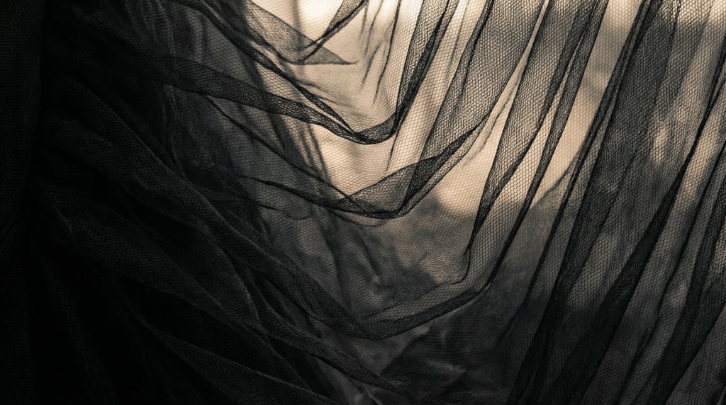 Black tulle in multiple gathered layers filling the frame creating a dark mesh gradient