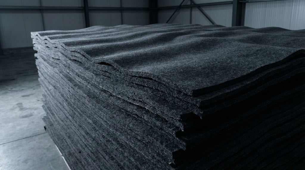 Heavyweight charcoal wool felt in thick layered sheets stacked and compressed