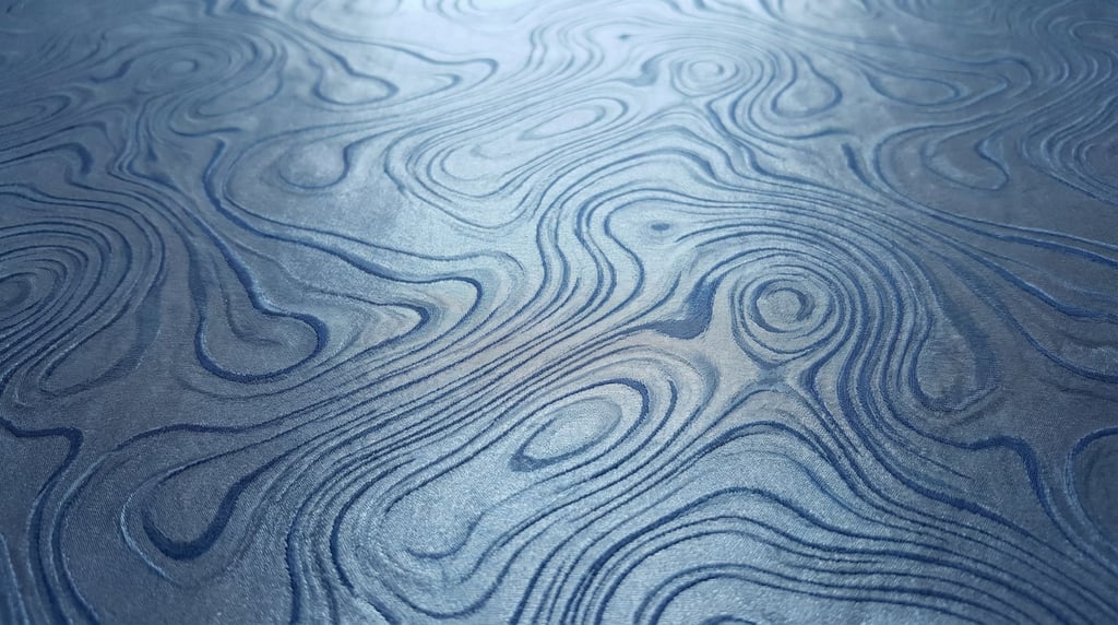 Steel-blue moiré taffeta filling the frame with its distinctive watermark pattern created by interference between warp threads