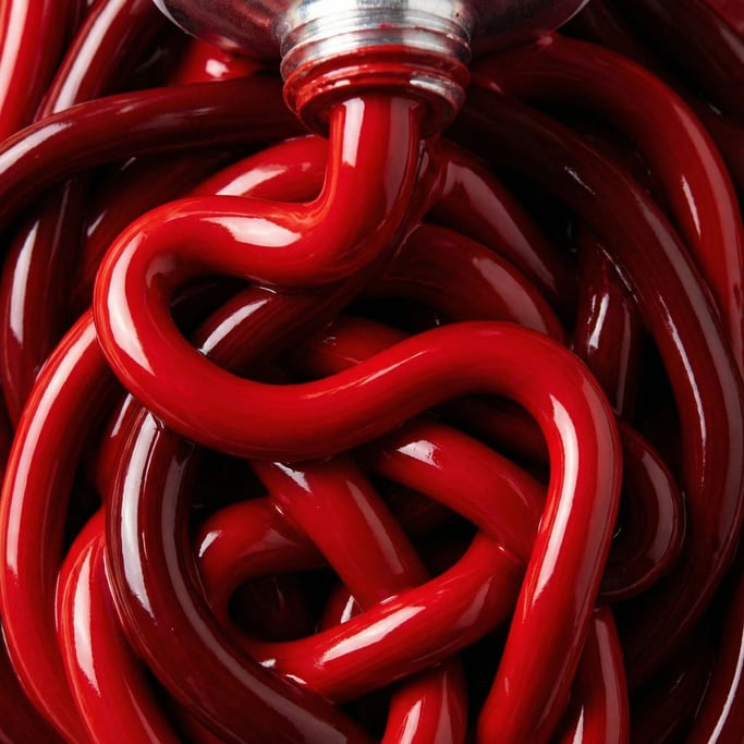 Cadmium red oil paint squeezed directly from the tube in thick winding ribbons consuming the entire