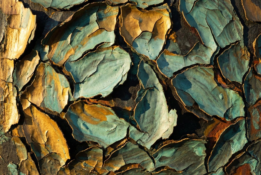 Dried acrylic paint in layers of teal and gold peeling away from a surface filling the frame