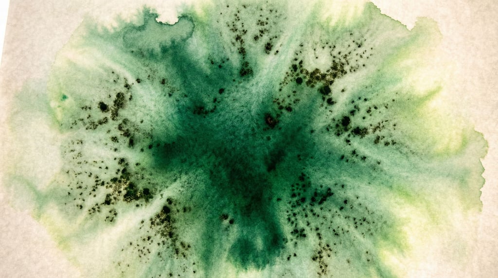 Watercolor pigment in deep viridian green bleeding into wet paper filling the frame