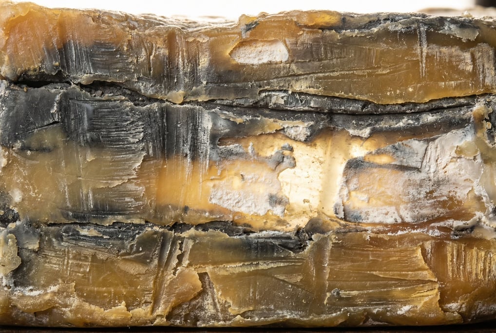 Dried encaustic wax paint in layers of warm amber and cool grey filling the frame