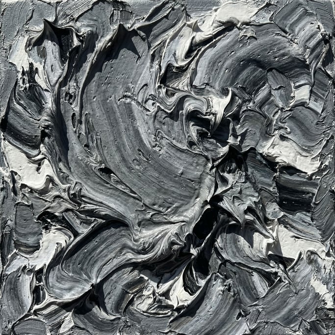 Thick zinc white and lamp black oil paint partially mixed into a grey marble pattern consuming the entire view