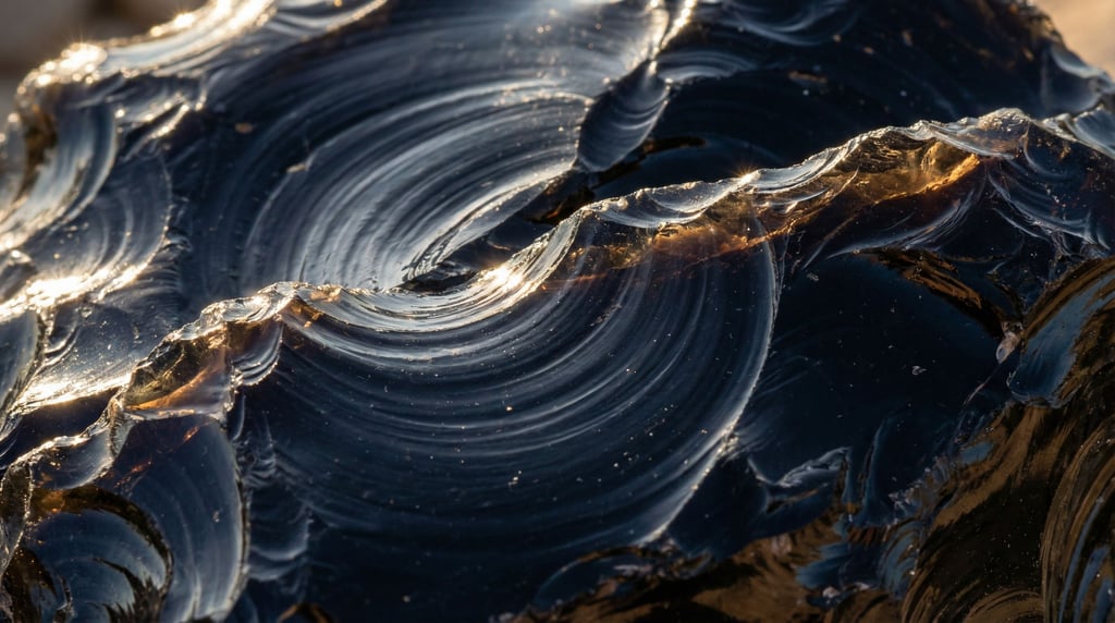 Obsidian volcanic glass in freshly fractured conchoidal surfaces filling the frame