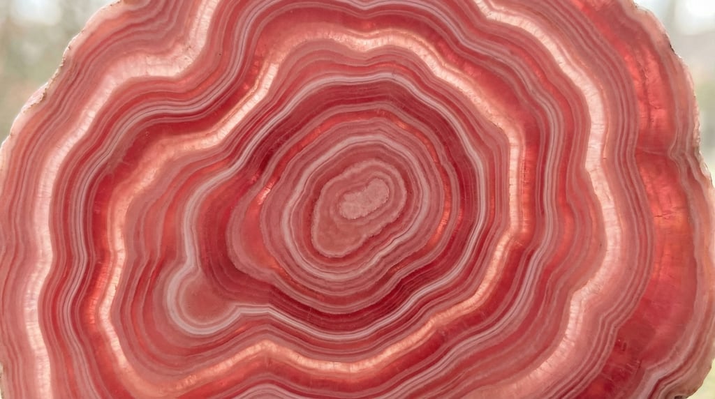 Pink rhodochrosite in banded concentric rings filling the frame like a geological target