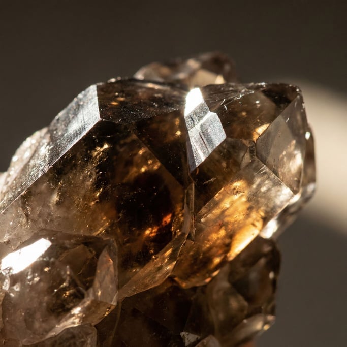 Smoky quartz crystal cluster in extreme close-up seen in extreme close-up