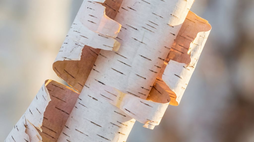 White birch bark in curling paper-thin sheets filling the frame