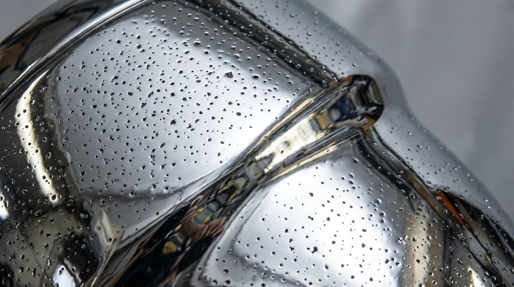 Electroplated chrome surface with micro-pitting visible in extreme close-up filling the frame