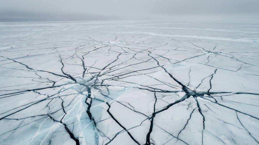 Thick ice sheet with stress cracks filling the frame viewed from above at an oblique angle