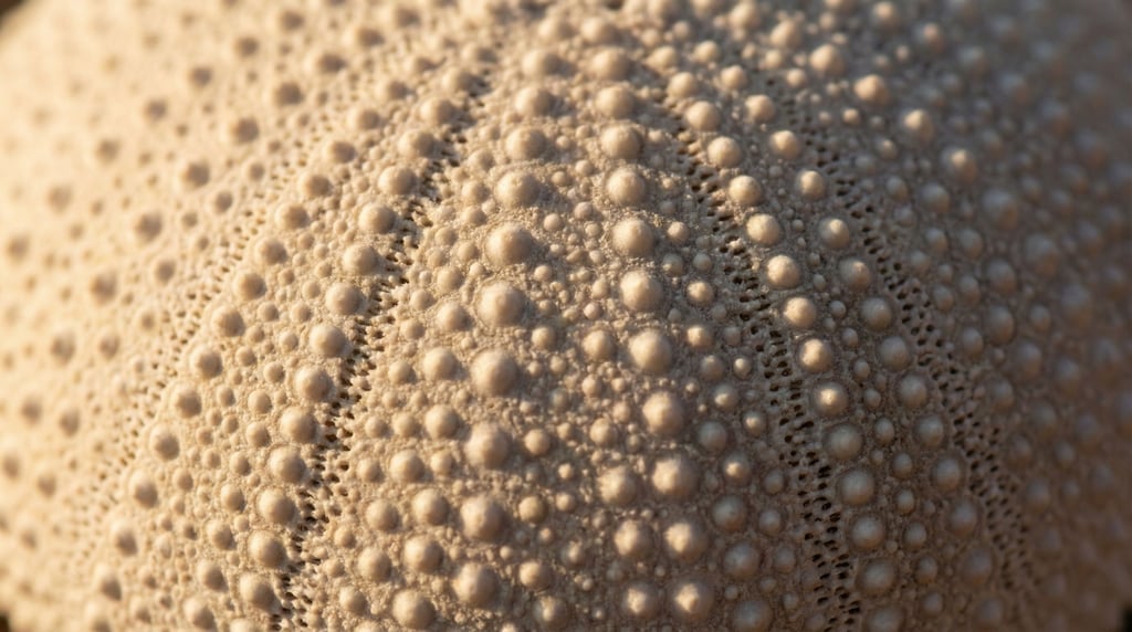 Dried sea urchin test filling the frame showing the five-fold symmetry pattern of tubercle mounts