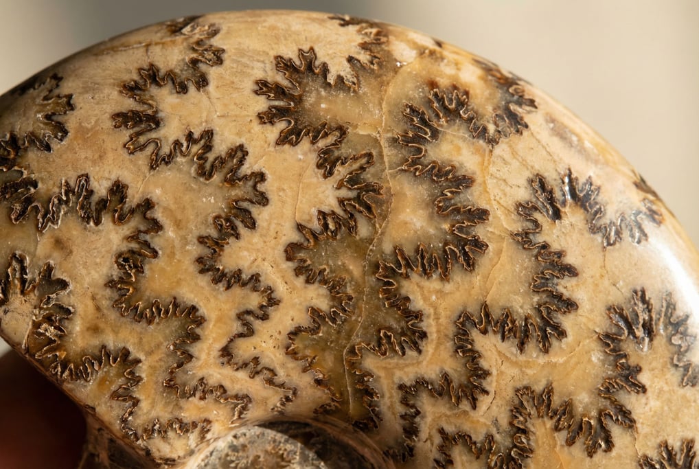 Fossilized ammonite surface in polished section filling the frame