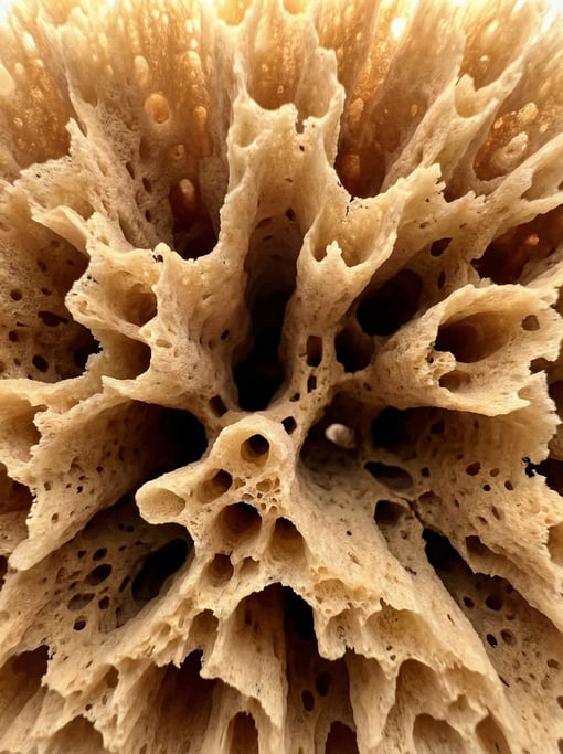 Dried sea sponge in cross-section shot tight with no border with its intricate network of internal channels and chambers
