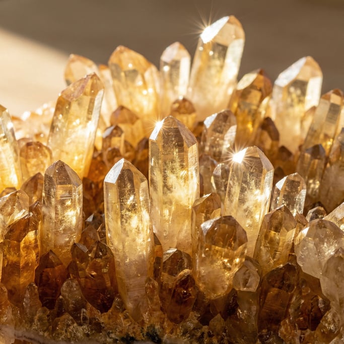 Citrine crystal cluster stretching edge to edge with warm golden hexagonal prisms growing from a common base