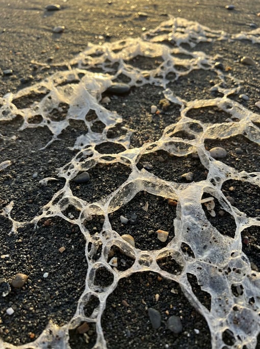 Dried sea foam residue on dark sand