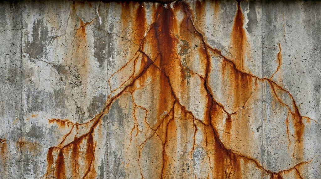Rust-stained concrete filling the frame with iron oxide weeping patterns