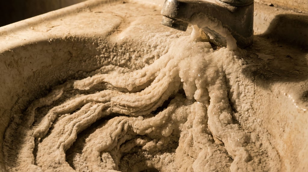 Calcium deposits from hard water filling the frame with white mineral build-up in layered encrustation