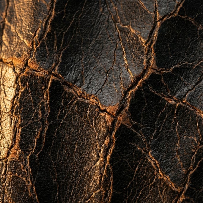 Distressed black leather captured at macro scale showing years of cracking and creasing