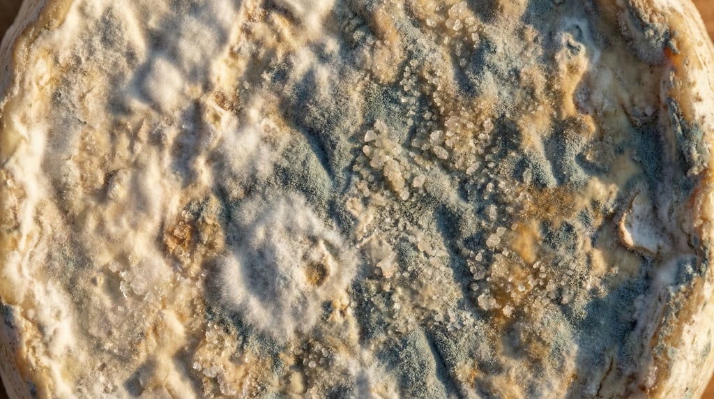 Aged cheese rind filling the frame with its complex surface ecology
