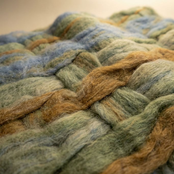 Needle-felted wool surface in abstract landscape tones dominating the composition