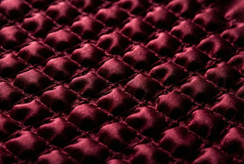Smocked fabric in deep burgundy silk filling the frame