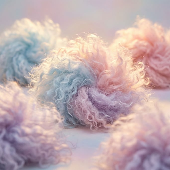 Cotton-candy colored fluffy Mongolian-lamb-style fur puffs in pastel cyan and soft pink and lavender arranged like clouds or scoops of ice cream